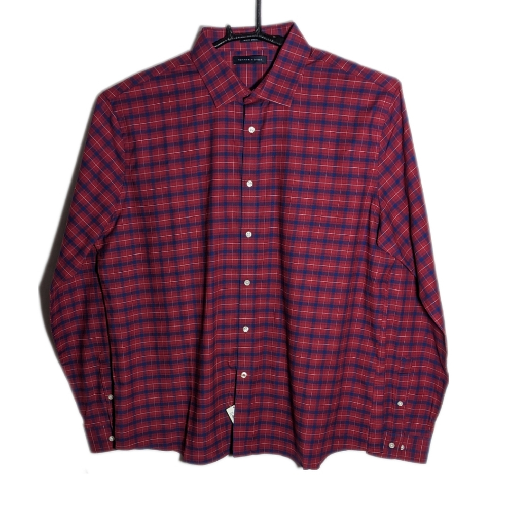 Tommy Hilfiger Men's 2XL Plaid Button Up Shirt Slim Fit - Stretch Long Sleeve